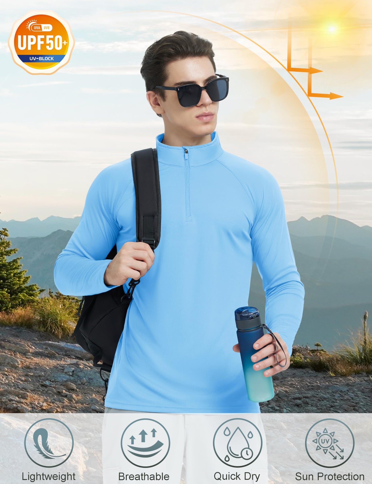 KEFITEVD Mens Sun Shirts UV Protection Long Sleeve Summer Quarter Zip T-Shirts Brethable Boating Water Shirt Blue L