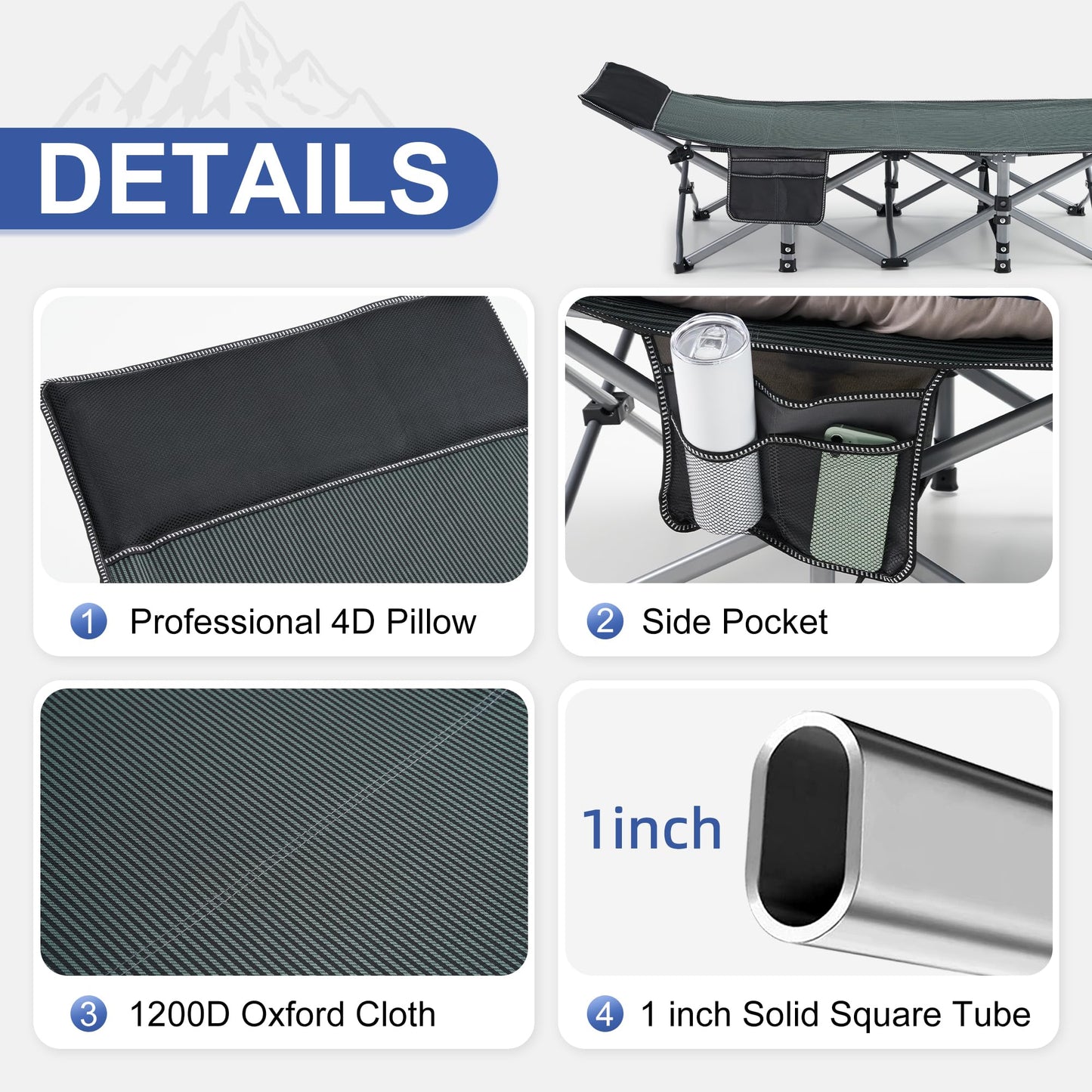 Fragess Camping Cot, Sleeping Cots for Adults, Portable Camping cots with Mattress, Pillow and Carry Bag, 1200D Double Layer Oxford, 600 LBS Weight Capacity Cots for Sleeping(Grey+Black)