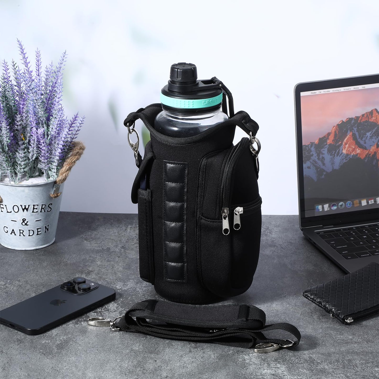 JOUTYFOR Gym Magnetic Bag Water Bottle Holder Gym Bottle Carrier Bag with Phone Pockets & Handle Shoulder Strap Gym Accessories Organizer for Men Women,5 Built-in Magnets Gym Bag Pouch Sleeve