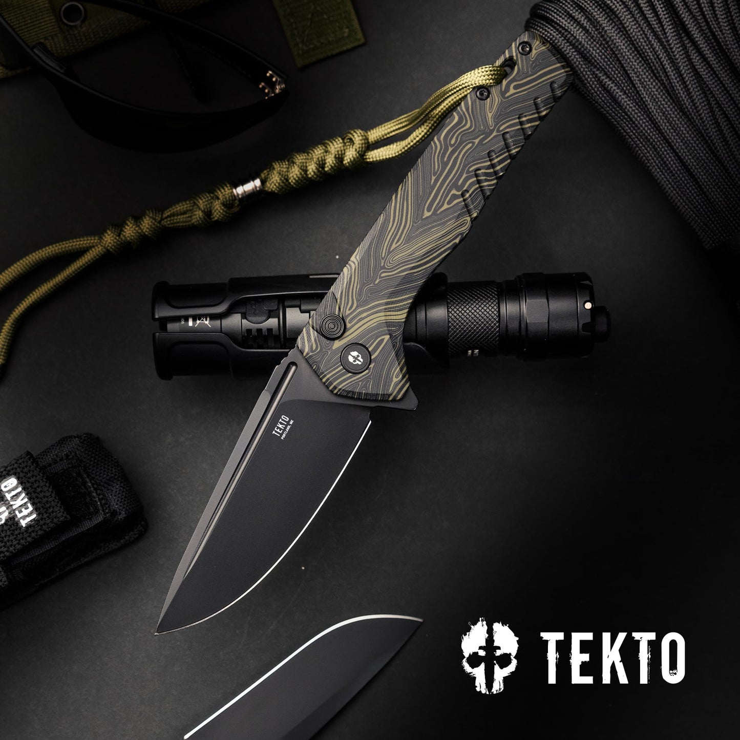 TEKTO F3 Charlie Button Lock Folding Knife, Oversized Fine Edge Blade, Tactical Damascus G10 Handle - Easy Open Pocket Knife with Titanium Coated D2 Steel & Black Titanium Barrel Spacers