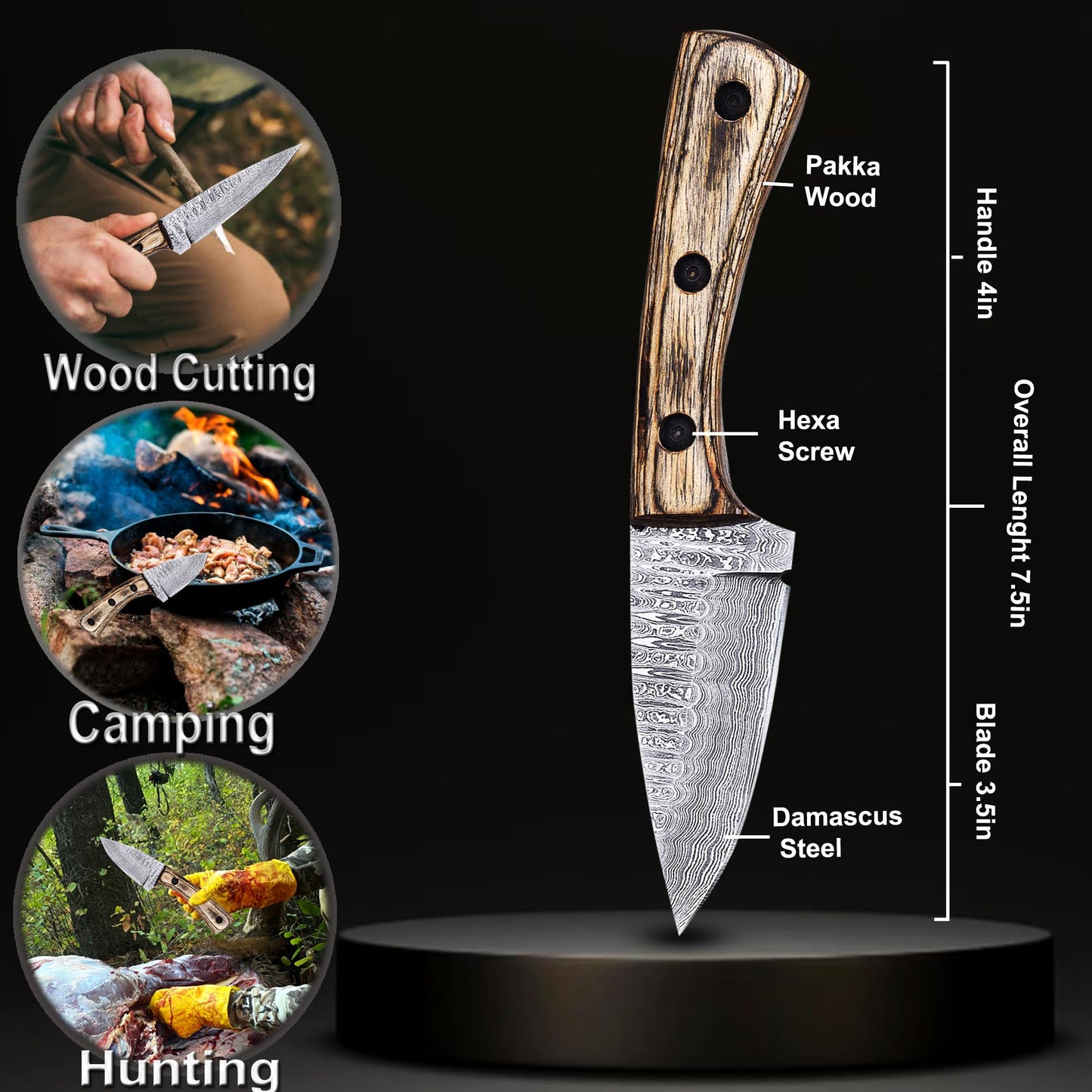 Elegance Unsheathed- 7” Damascus Steel fixed blade knife, Unparalleled Craftsmanship with Exquisite Pakkawood Handle & Leather Sheath hunting knife, Your Unfailing Companion in Wilderness Adventures