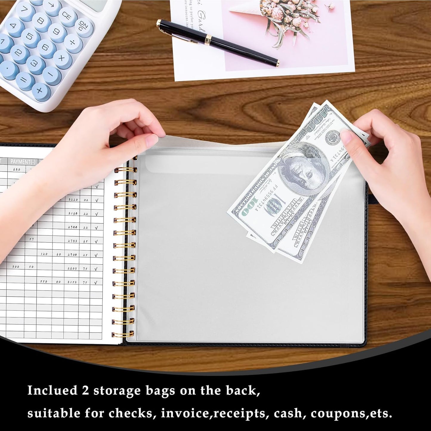 Accounting Ledger Book for Personal & Small Business Bookkeeping, Horizontal Income and Expense Tracker Notebook with Calendar, Hardcover Columnar Log Journal 10.78" x 8", Black