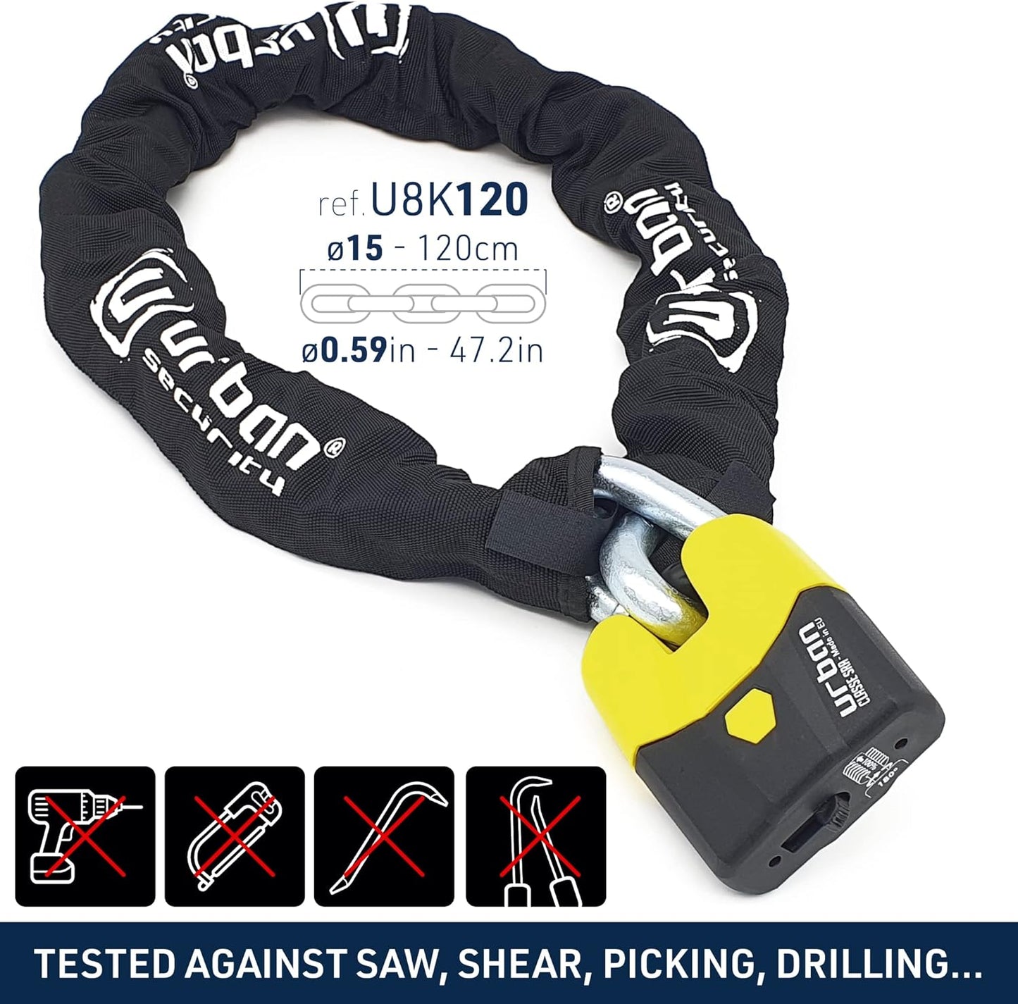 Urban Security U8K120 Motorcycle Chain Lock High Security Chain Lock Motorcycle Anti Theft Heavy Duty Motorcycle Lock, Cut Proof Chain and Cut Resistant Padlock, Cycle Lock Chain SRA Approved, 120cm