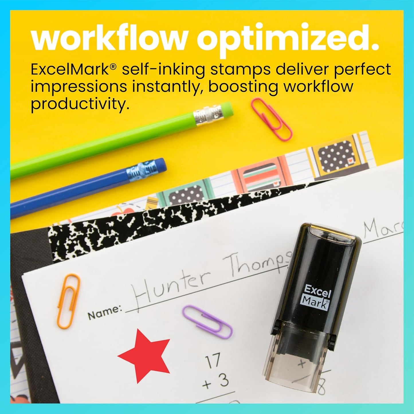 ExcelMark Round Teacher Stamp - Solid Star - RED Ink