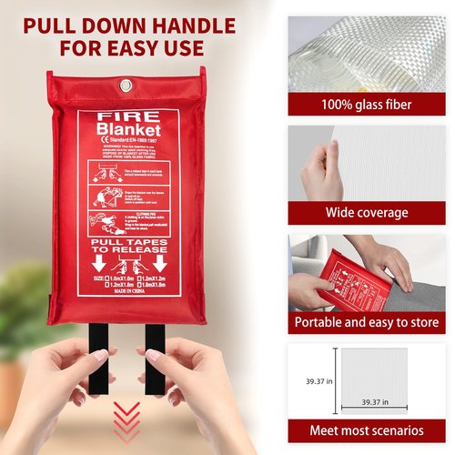 Emergency Fire Blanket (4 Pack) + 4 Hooks & 1 Gloves, 40" x 40" Fire Blanket for Home, Fiberglass Fireproof Kitchen,100% Fiberglass