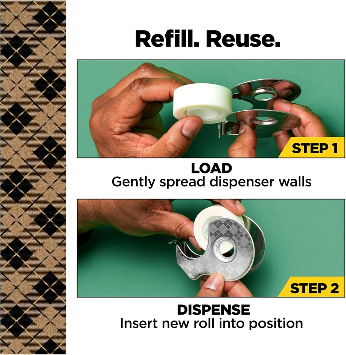 Scotch Magic Tape Stainless Steel Refillable Dispenser with Plant-Based Adhesive Refill Pack, Includes 2 Rolls of Invisible Tape, 3/4 in x 550 in