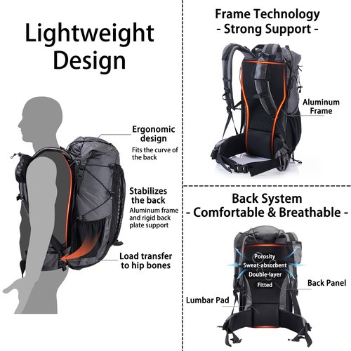 Naturehike Rock-40L/60L+5L Internal Frame Hiking backpacking backpack, Camping Waterproof Bag, Ultralight Outdoor Daypack with Rain Cover for Hiking, Backpacking,Camping Survival(60+5L(updated))