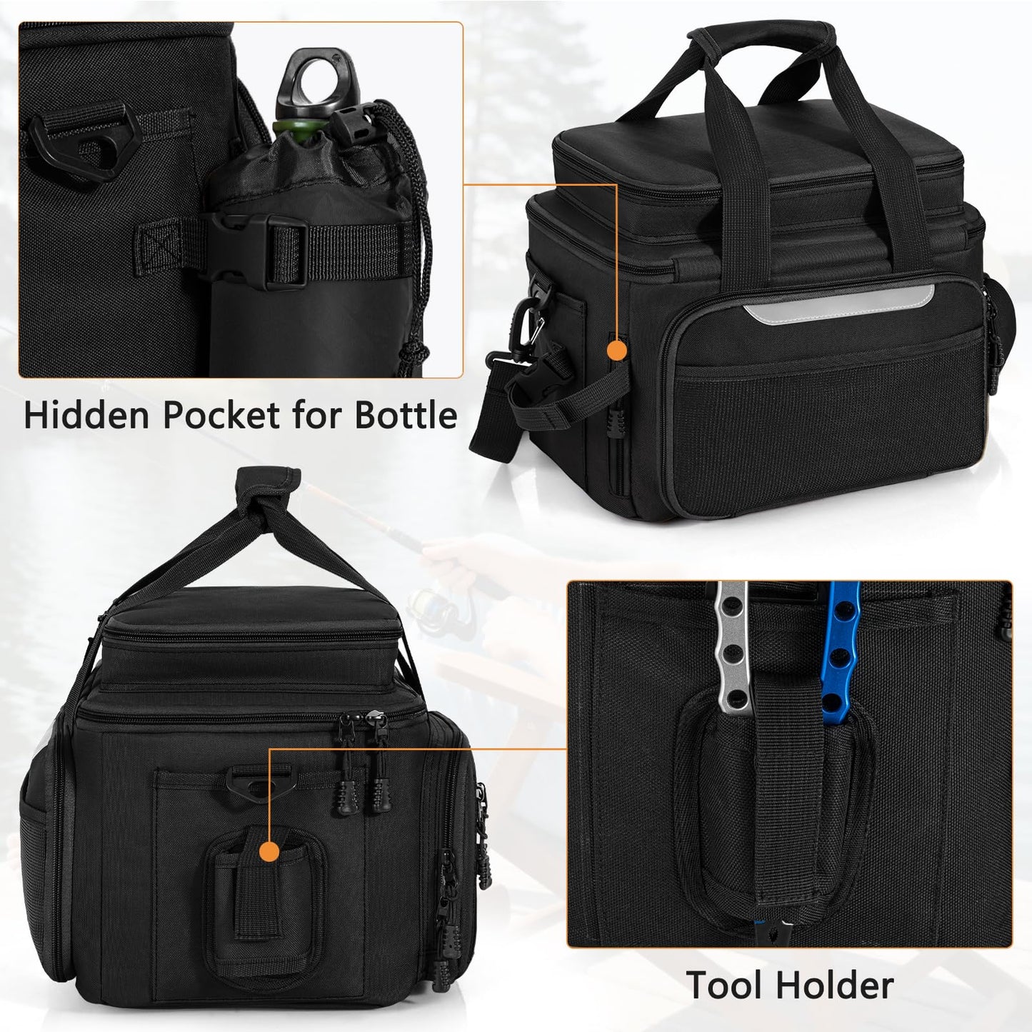 FREEAMG Fishing Tackle Bags - Saltwater & Freshwater Fishing Bag - Padded Shoulder Strap Fishing Bags - Gear Storage for Tackle Box (Black) (Does not come with box)