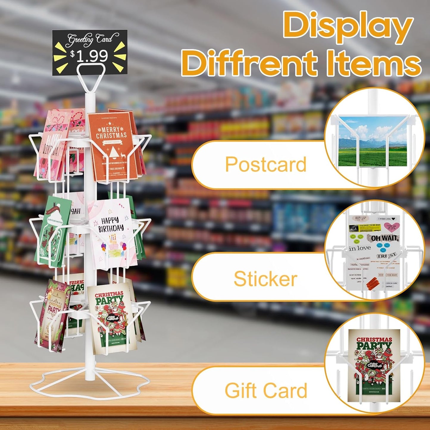 ORLESS Greeting Card Rack Display Stand, 3 Tier Rotating Card Holder Display Retail, 12 Pocket Metal Postcard Holder Display Stand, Greeting Card Holder for Postcards, Brochures, Stickers, Showcase(Black)