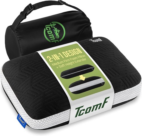 TCOMF Camping Pillow: Dual Cover, Memory Foam Travel Pillow, Medium Firm Camp Pillow, Camping Pillows for Sleeping, 5 Layers for Support, Small Travel Pillow,Small Portable Pillow 10x16 Inches (Black)