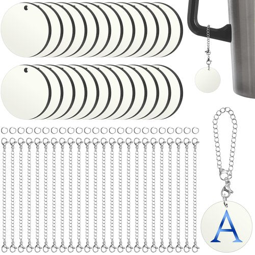 Landical 12 Sets Sublimation Charm Accessories for Cup Name ID Charm for Tumbler Cup Mdf Single Side Sublimation Blanks Bulk with Chains Jump Rings DIY Crafts Gift (Round)