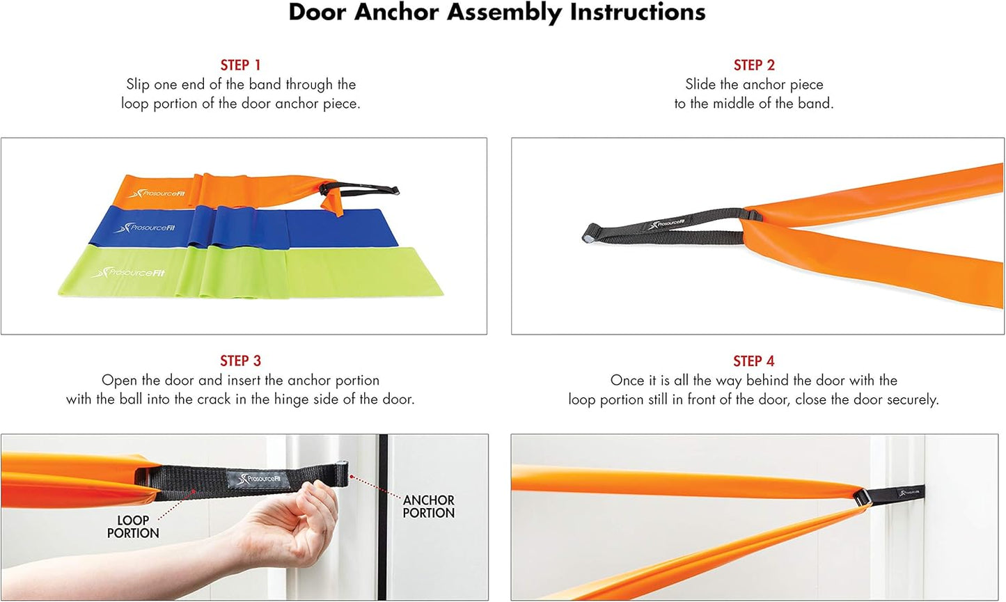 ProsourceFit Therapy Flat Resistance Bands Set of 3 (6’ each-Extra Long) for Stretching, Pilates and Rehabilitation with Door Anchor