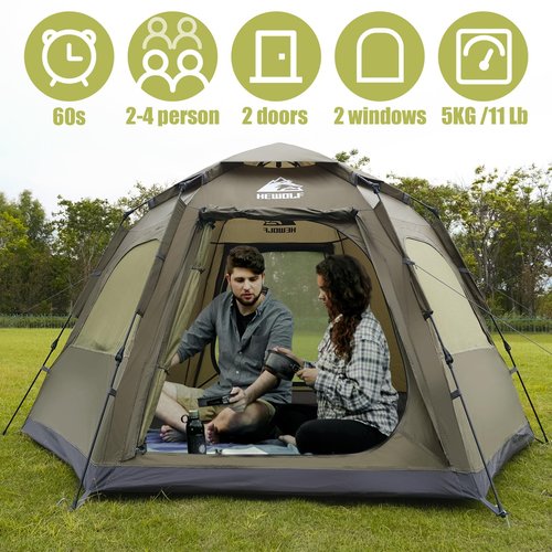 Hewolf 2/3/4 Person Camping Tent - Instant Pop Up Waterproof 2 Doors Tent with Easy Setup | 3-Season Hexagonal Dome Design for Family, Hiking & Traveling (Green)