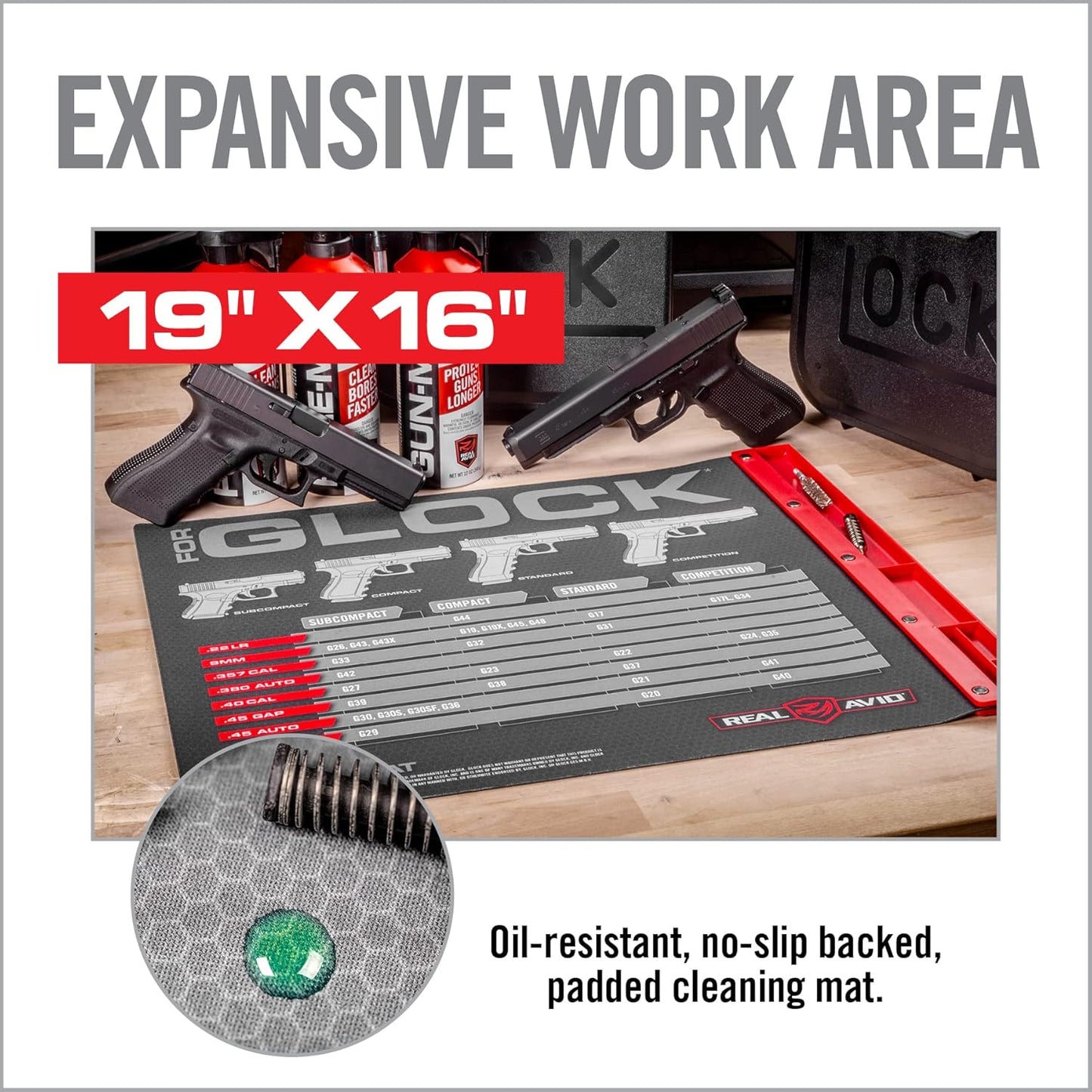 Real Avid Gun Cleaning Mat 19" x 16" with Magnetic Parts Tray | 1911, Glock, Smith & Wesson M&P or Sig Sauer P365 & P365XL (Choose Style Below)