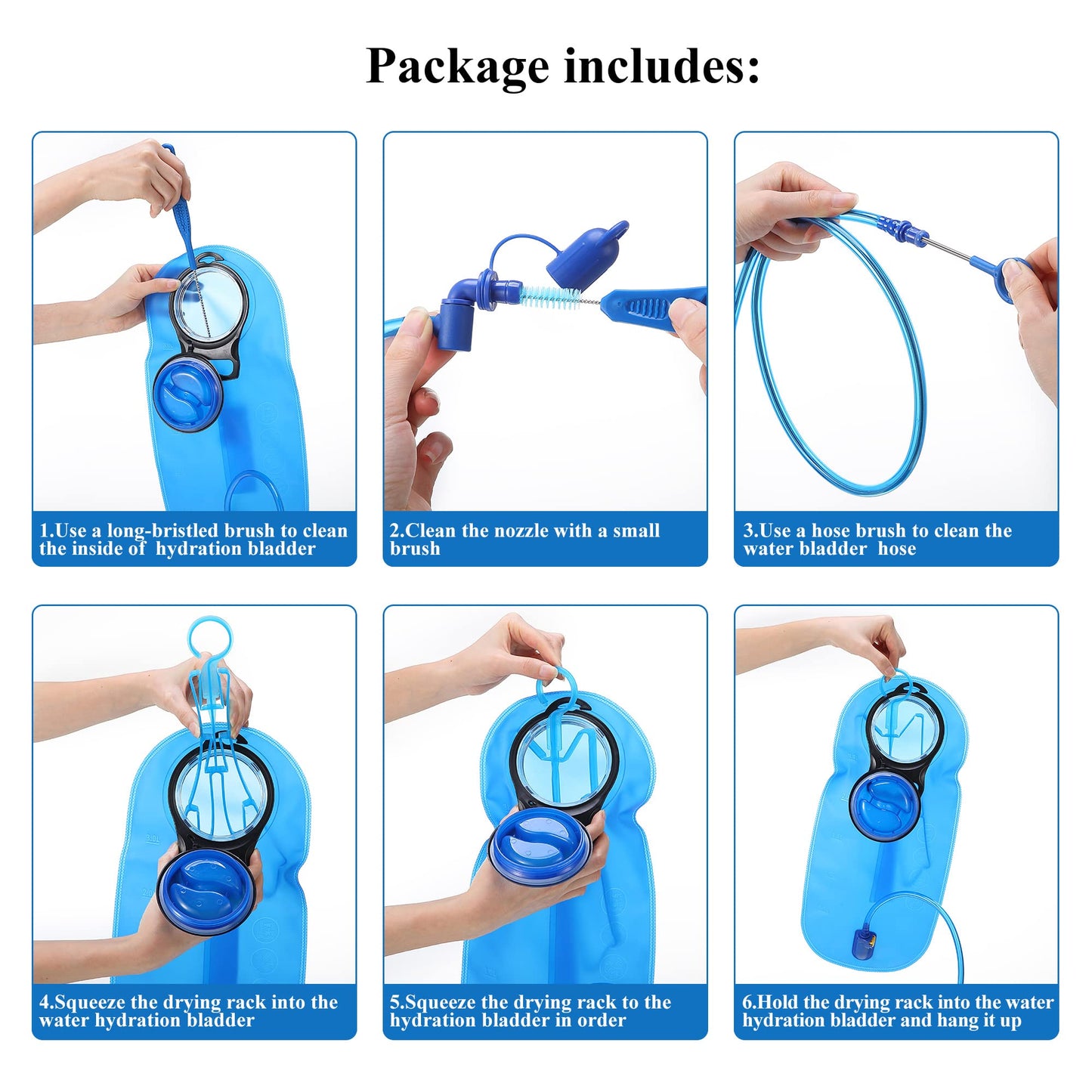 Hydration Bladder Cleaning Kit, Water Bladders Cleaner Set with Flexible Long Brush for Hose, Small Bite Valve Brush, Big Brush, Drying Collapsible Bladder Frame, Carrying Pouch (4 Pieces Set)