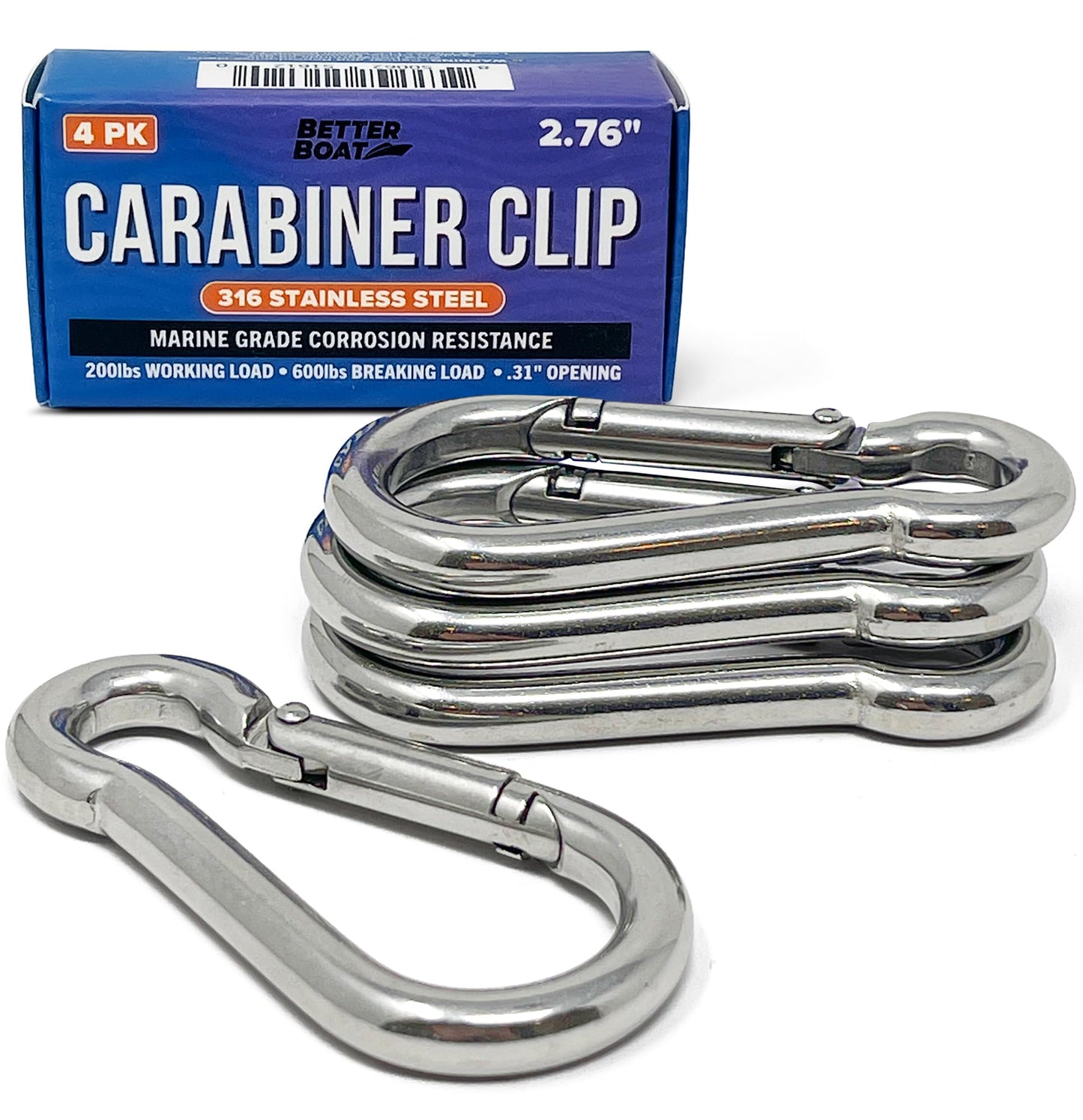 Stainless Steel Carabiner Clip, 4 Pack, 316 Marine Grade, Heavy Duty Spring Snap Hooks, Mini and Large Sizes, 2" to 4" Options, 2.76" Clips