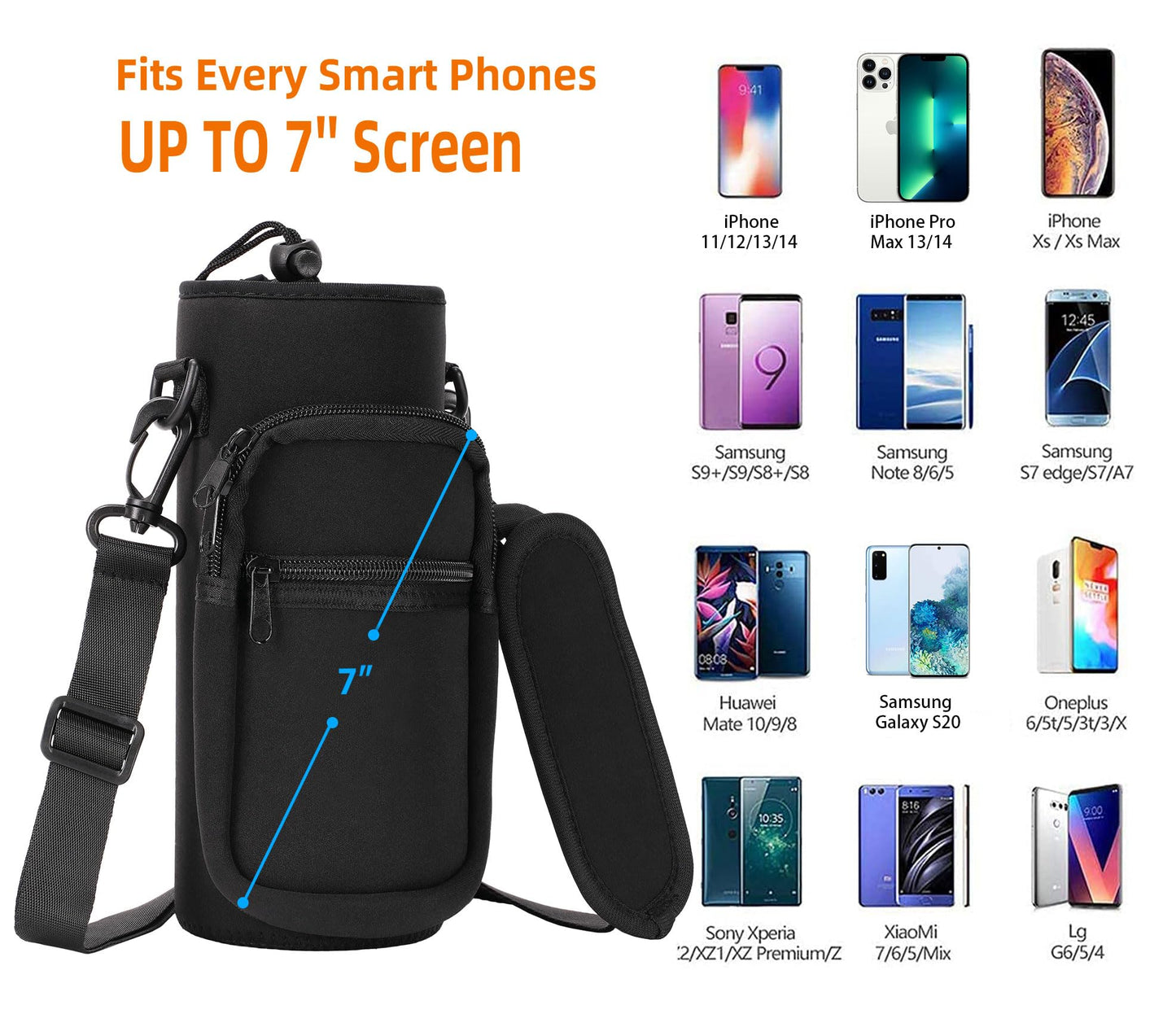 AceTreker 32 oz 40 oz Water Bottle Sleeve, Insulated Water Bottle Holder with Strap & Paracord Handle, Carrier Sling Bag with Phone Pocket for Walking Hiking-Black