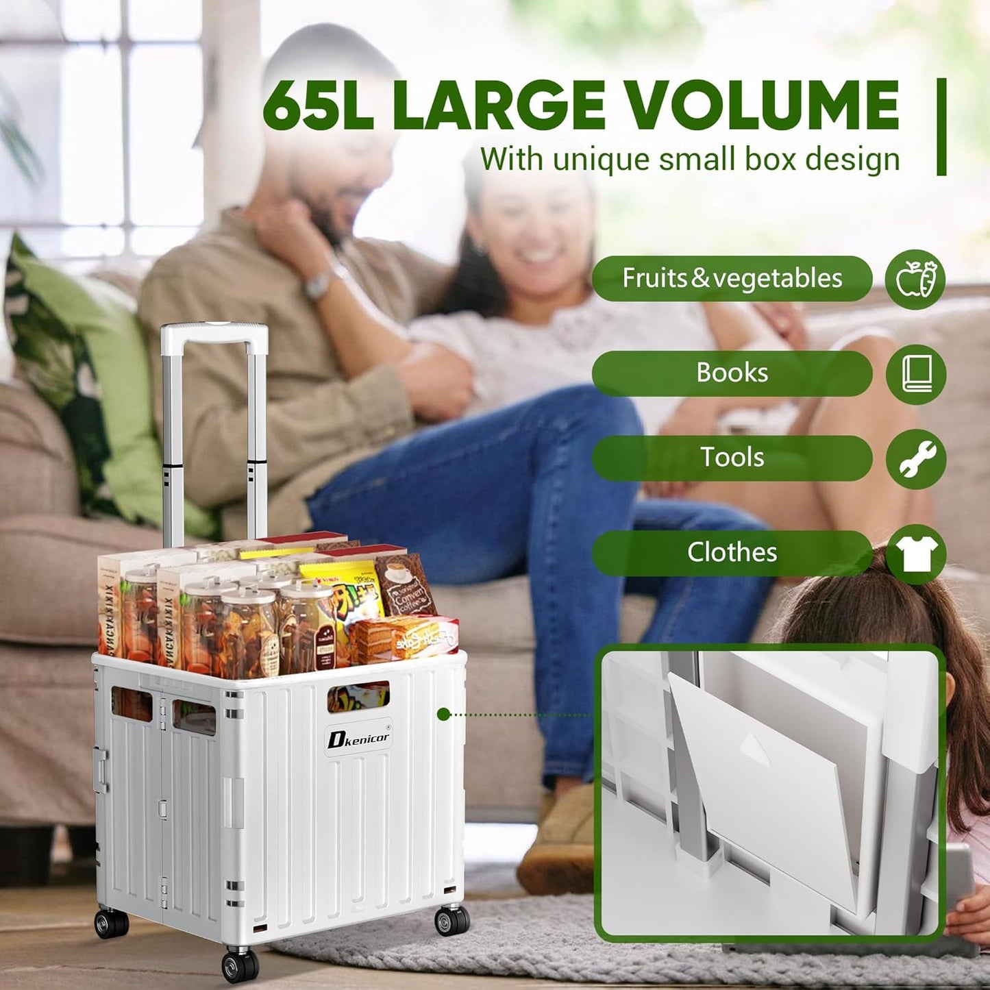 Folding Utility Cart with Lid, Portable Rolling Crate Handcart Collapsible Shopping Trolley, Durable Plastic Foldable Tool Basket with 4 Rotate Wheels for Grocery, Office, Luggage, School - White