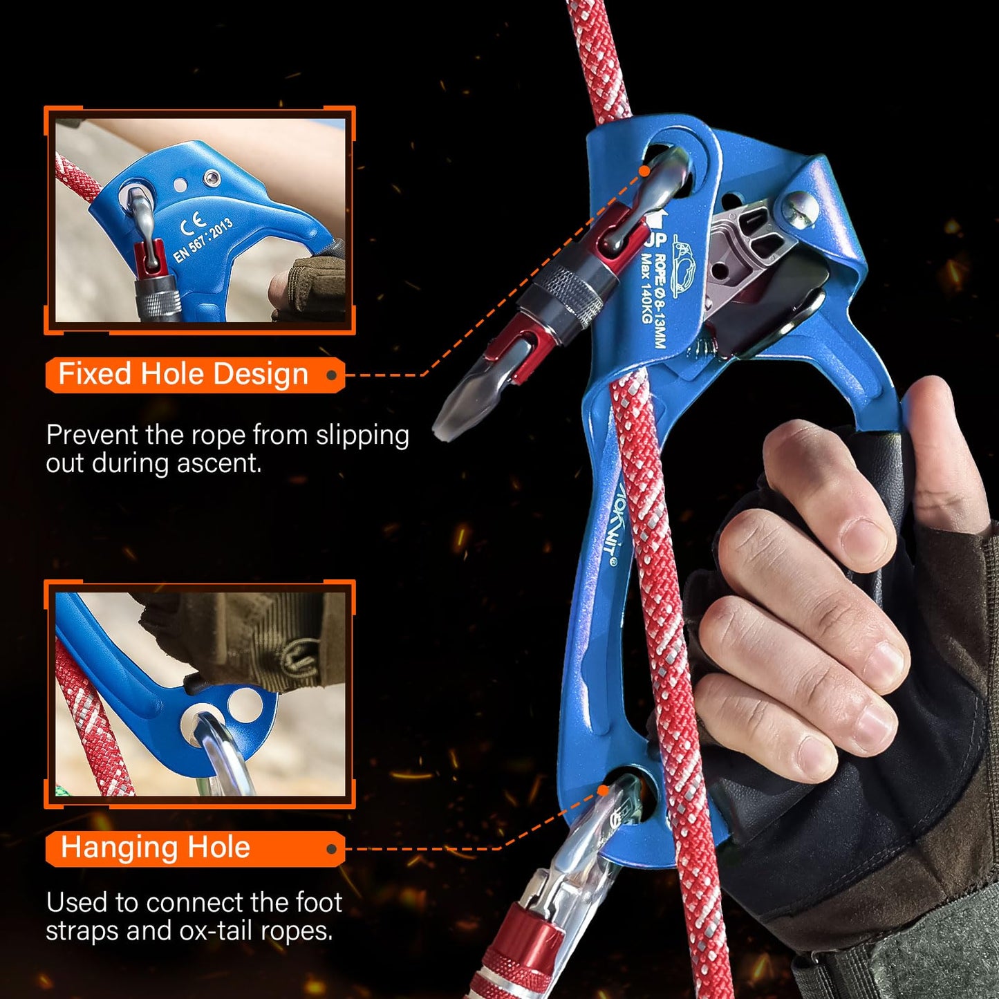 50KN Rescue Figure 8 Descender High Strength Aluminum Alloy Hand Ascender with Ergonomic Rubber Handle Strong Rappelling Gear Equipment for Rock Climbing Tree Arborist Rescue Mountaineering Caving