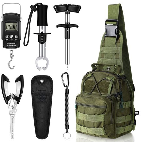 Hungdao 7 Pcs Fishing Tool Kit Fishing Gear Backpack Pliers and Equipment Include Hook Remover Backpack Pliers Kit Scale Gripper Weigh Separator(Army Green)