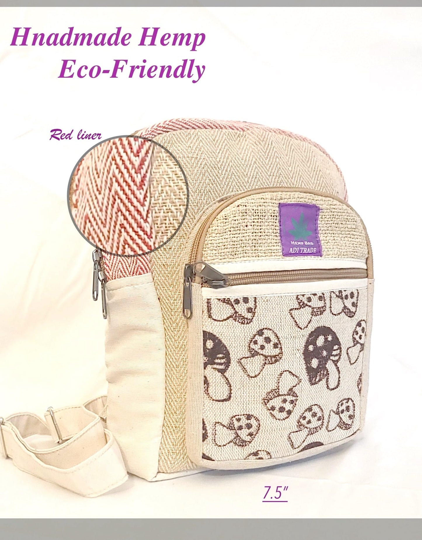 Generic RARA Natural Handmade MINI Hemp backpack, eco-friendly stylish unisex casual backpack Hiking, Travelling and Walking (Mushroom red)