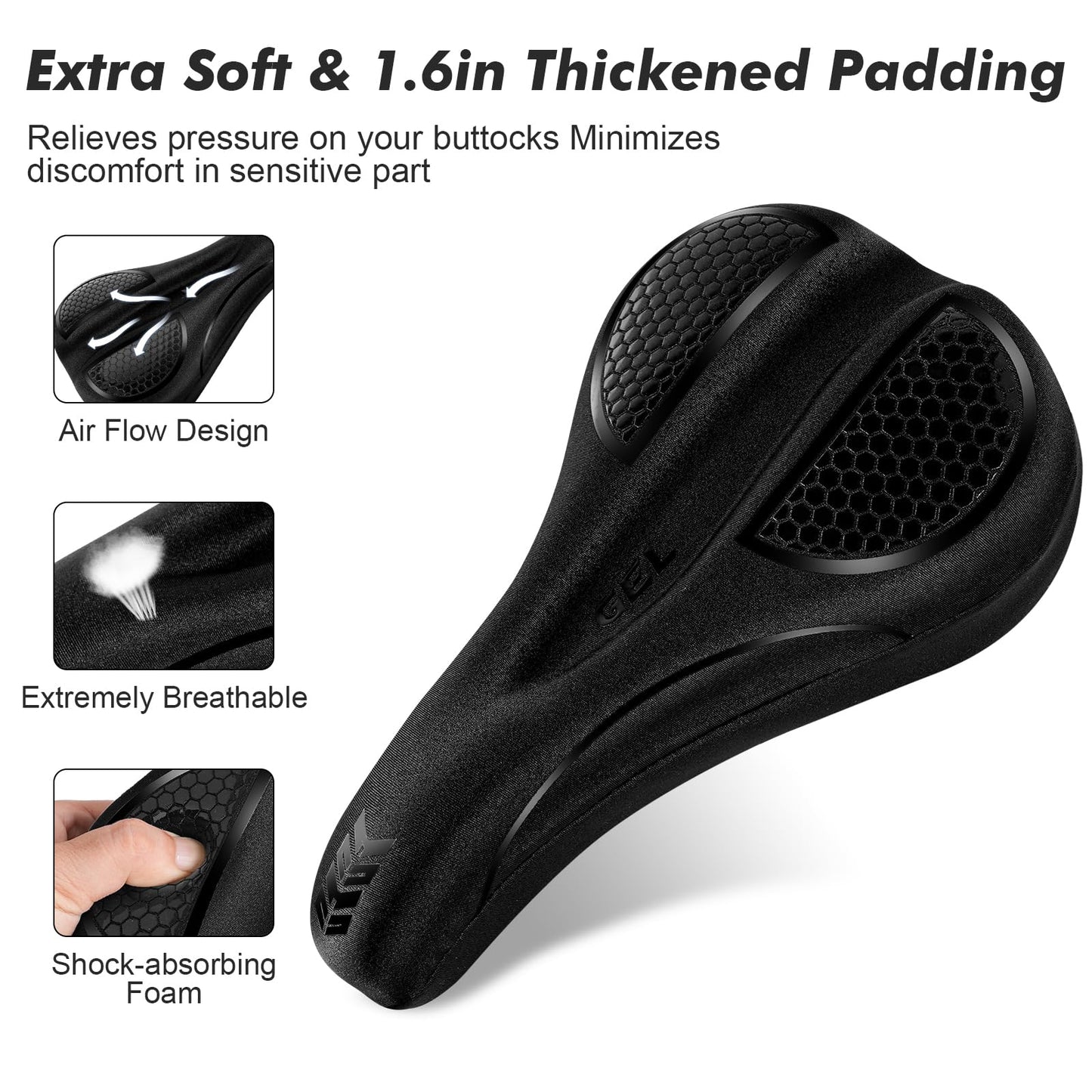 Bike Seat Cushion - Gel Padded Bike Seat Cover for Men Women Comfort, Extra Soft Exercise Bicycle Seat Compatible with Peloton, Outdoor & Indoor with Adjustable Velcro Secure Black