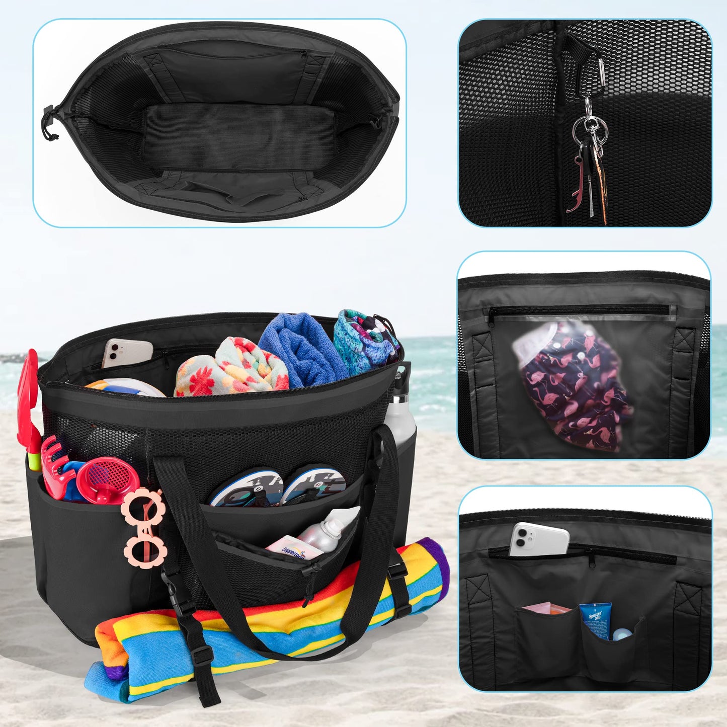 Fasrom Extra Large Mesh Beach Bag with Zipper Bottom Bundle with Mesh Beach Backpack with Waterproof Bag and Pocket for Beach or Pool Trip