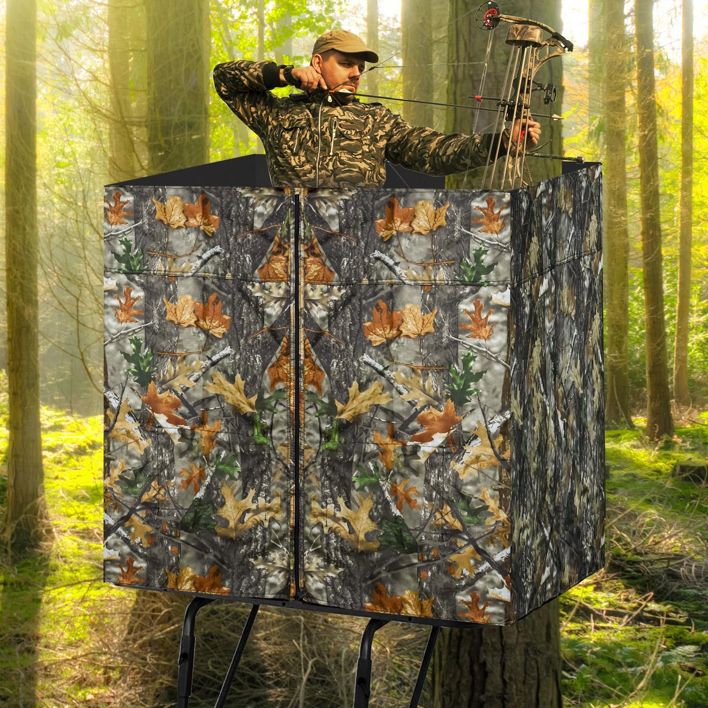 Four-sided Hunting Tree Stand Blinds Kit, 142" x 35" Large Treestand Camo Blind Cover Universal 2 Man Ladder Stand Blind Camouflage Stand Accessories with Zipper Pocket Storage Bag for Deer Hunting