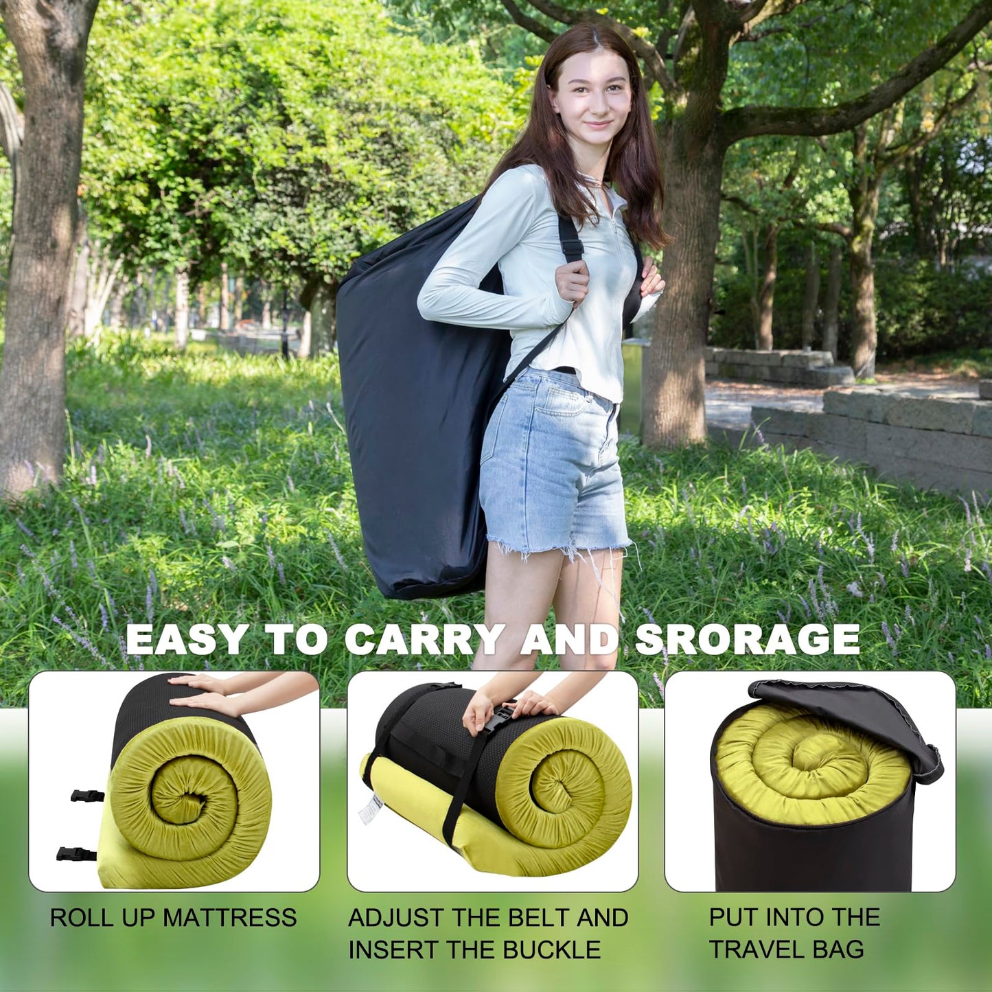 Airpanda Memory Foam Camping Mattress Sleeping Pad, 3" Thick Waterproof Portable Roll Up Sleeping Mats & Floor Mattress Pad with Pillow + Travel Bag for Camping Car Truck Tent Sleepover Kids Adult