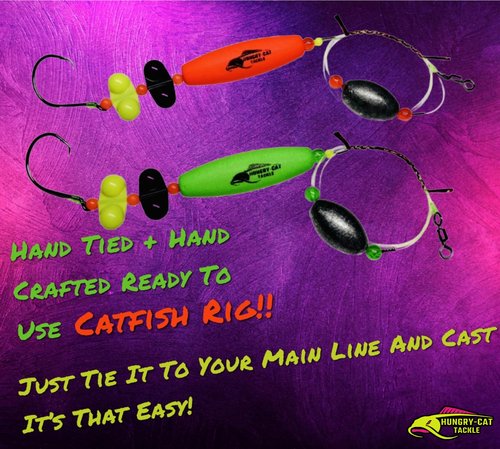 Hungry-Cat Tackle Premium Catfish Ready Rig, 2-Pack, Bright Green/Red, with 3 oz Egg Sinker Weights.