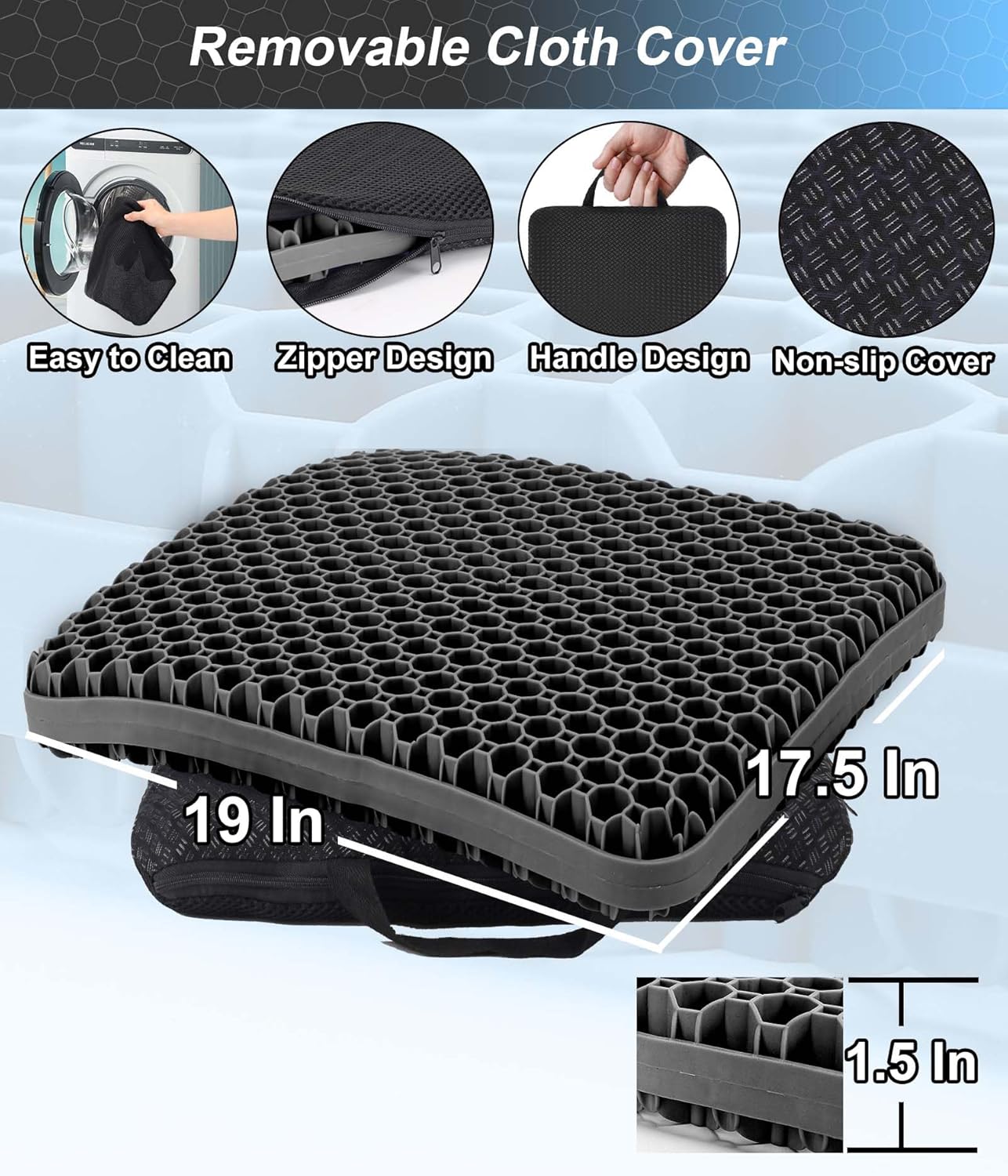 Thicken 19.7in Seat Cushion, Gel Seat Cushion for Long Sitting–Office Chair, Wheelchair, Car Pad, Large Cooling Support Pad for Back Pain, Sciatica, Tailbone Pain Relief