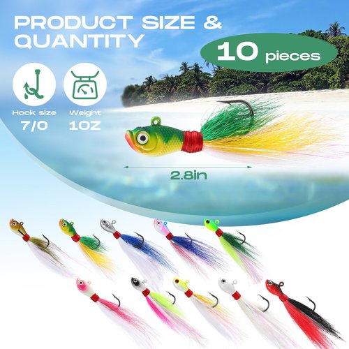 Motionchic 10 Pieces Bucktail Jigs Hair Jig Saltwater and Freshwater Bait Surf Striper Fishing Lure Head Swimbait Jig Hook for Pompano Halibut Mackerel Bass Flounder(1 oz)
