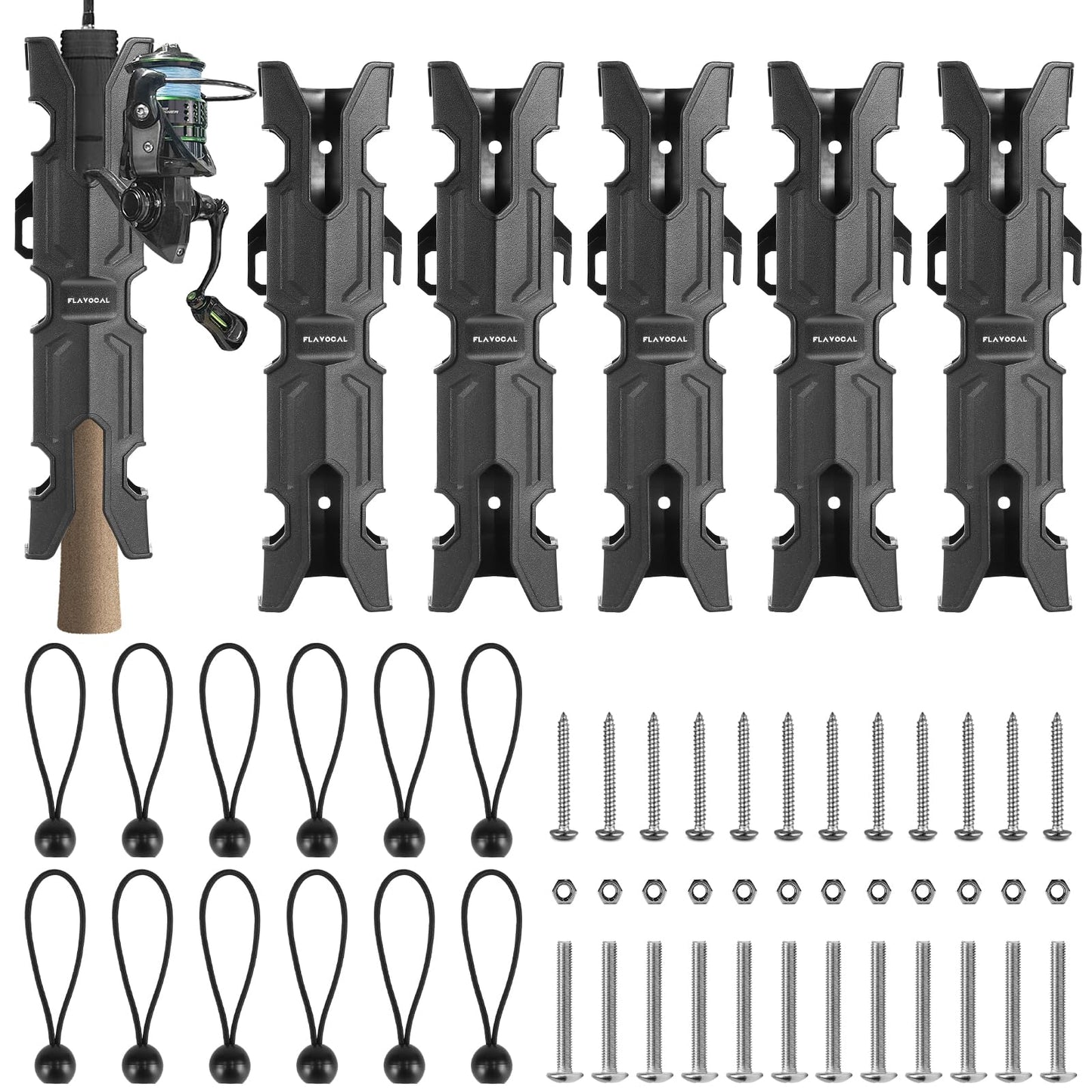 6 Pcs Mecha Boats Fishing Rod Holders,Wall Mounted Fishing Rod Holder Bracket Tube for Kayak with Screws,Ball Bungee Cords,Fishing Rod Storage Tubes for Boats,Cooler,Kayak,Crate,Garage,Trailer,Truck