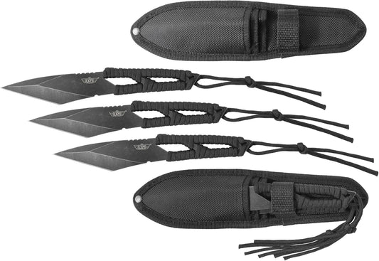 Uzi Three Piece Throwing Knife Set w/Leather Pouch, 3 Black Stainless Steel Blades Pack with Belt Loop