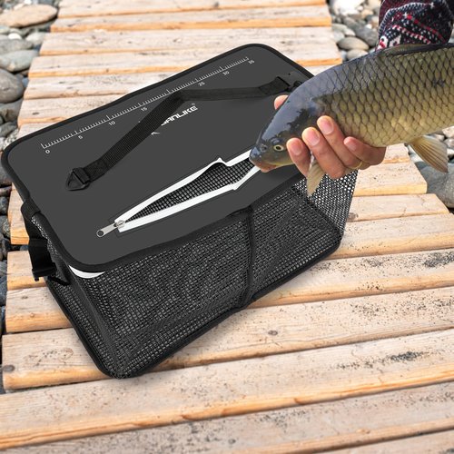 SANLIKE Floating Fishing Basket Collapsible Fishing Net Cage, Rubber Coated Net 59L Fish Basket for Live Caught Fish Minnows Bait Bucket Minnow Trap, Black