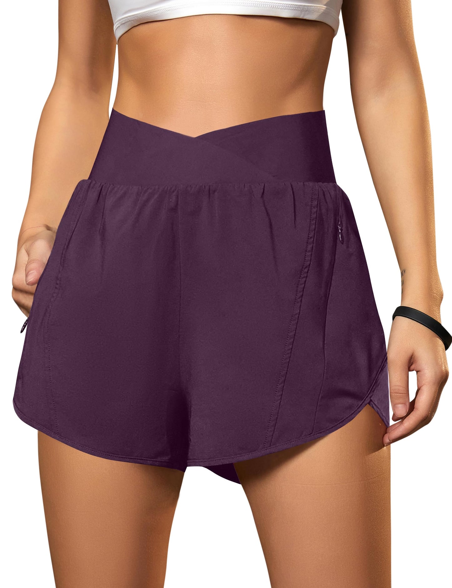 Blooming Jelly Women's Workout Shorts Athletic Running Crossover High Waisted Gym Sport Yoga Shorts with Zipper Pockets (Purple,Small)