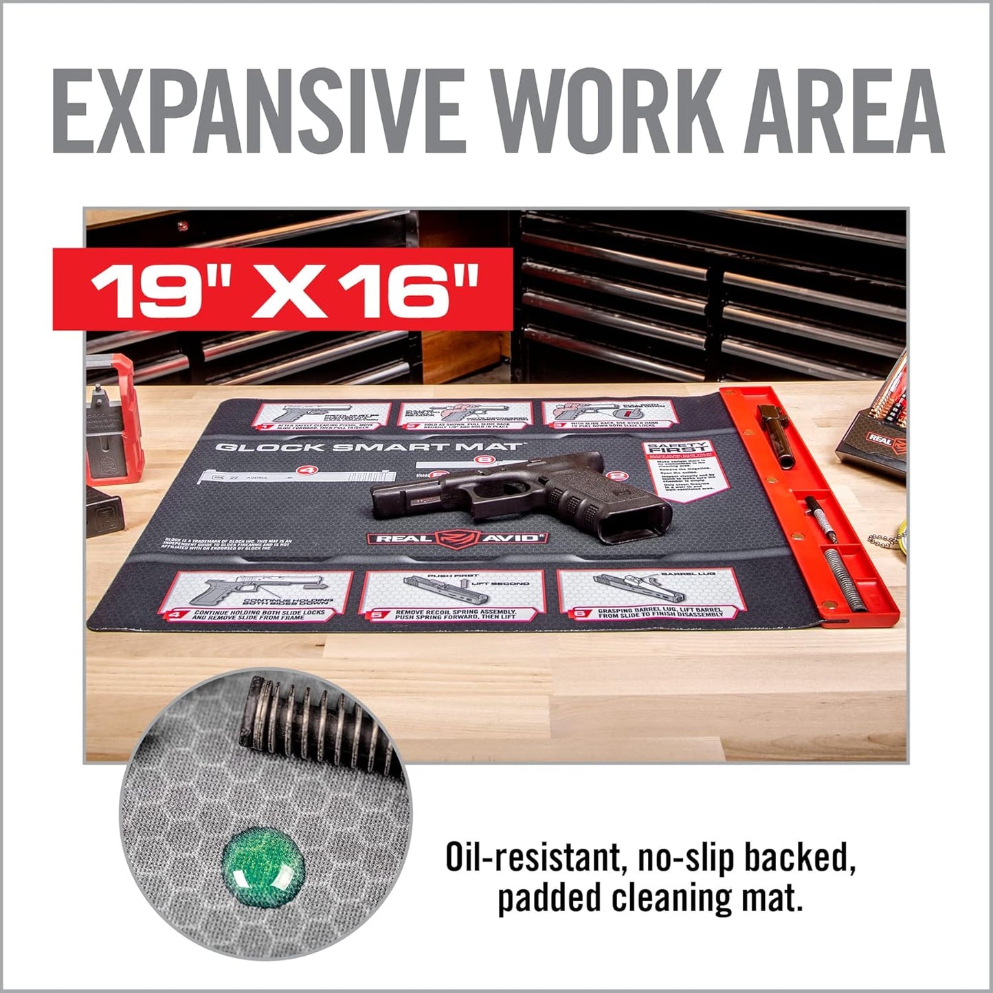 Real Avid Gun Cleaning Mat 19" x 16" with Magnetic Parts Tray | 1911, Glock, Smith & Wesson M&P or Sig Sauer P365 & P365XL (Choose Style Below)