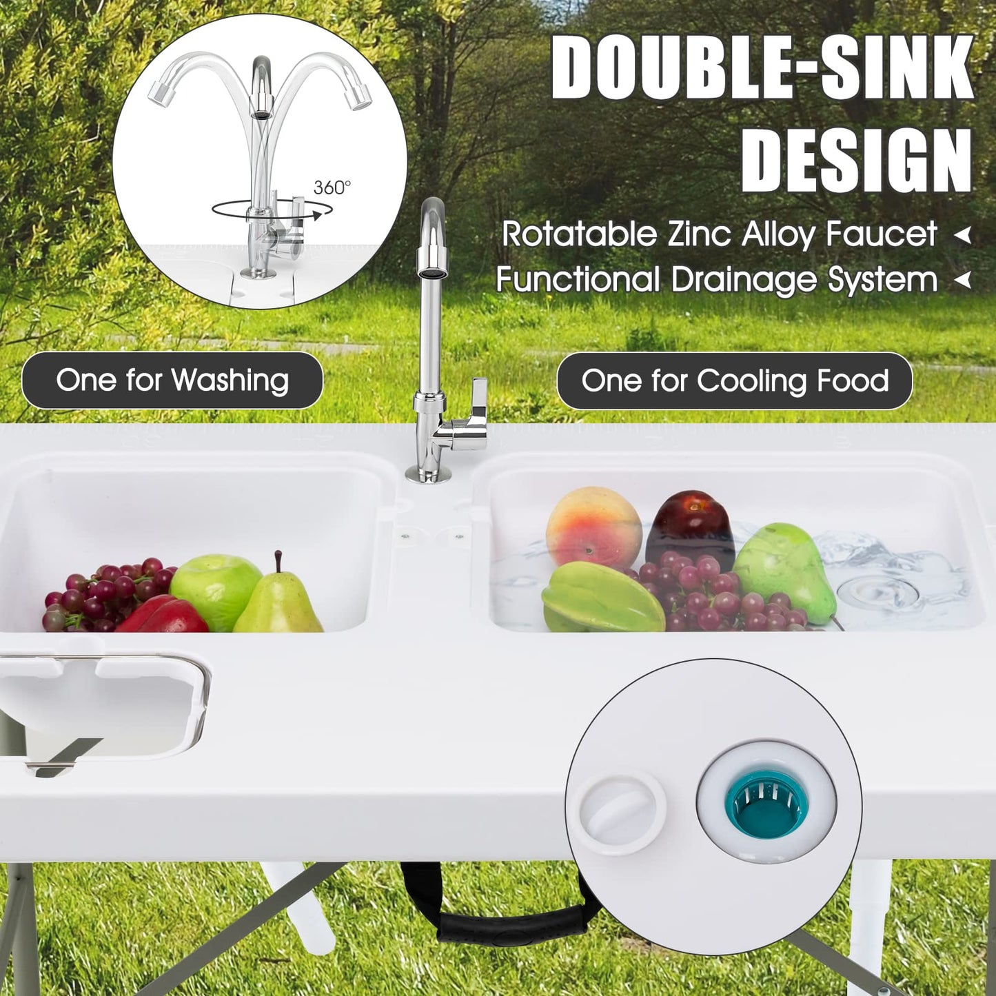 Julimoon Folding Fish Cleaning Table, Portable Camping Table w/ 2 Sinks, 360° Rotatable Faucet, Heavy Duty Camping Sink Station w/Hose Hook Up, Outdoor Fillet Picnic Table for Camping, Beach, White