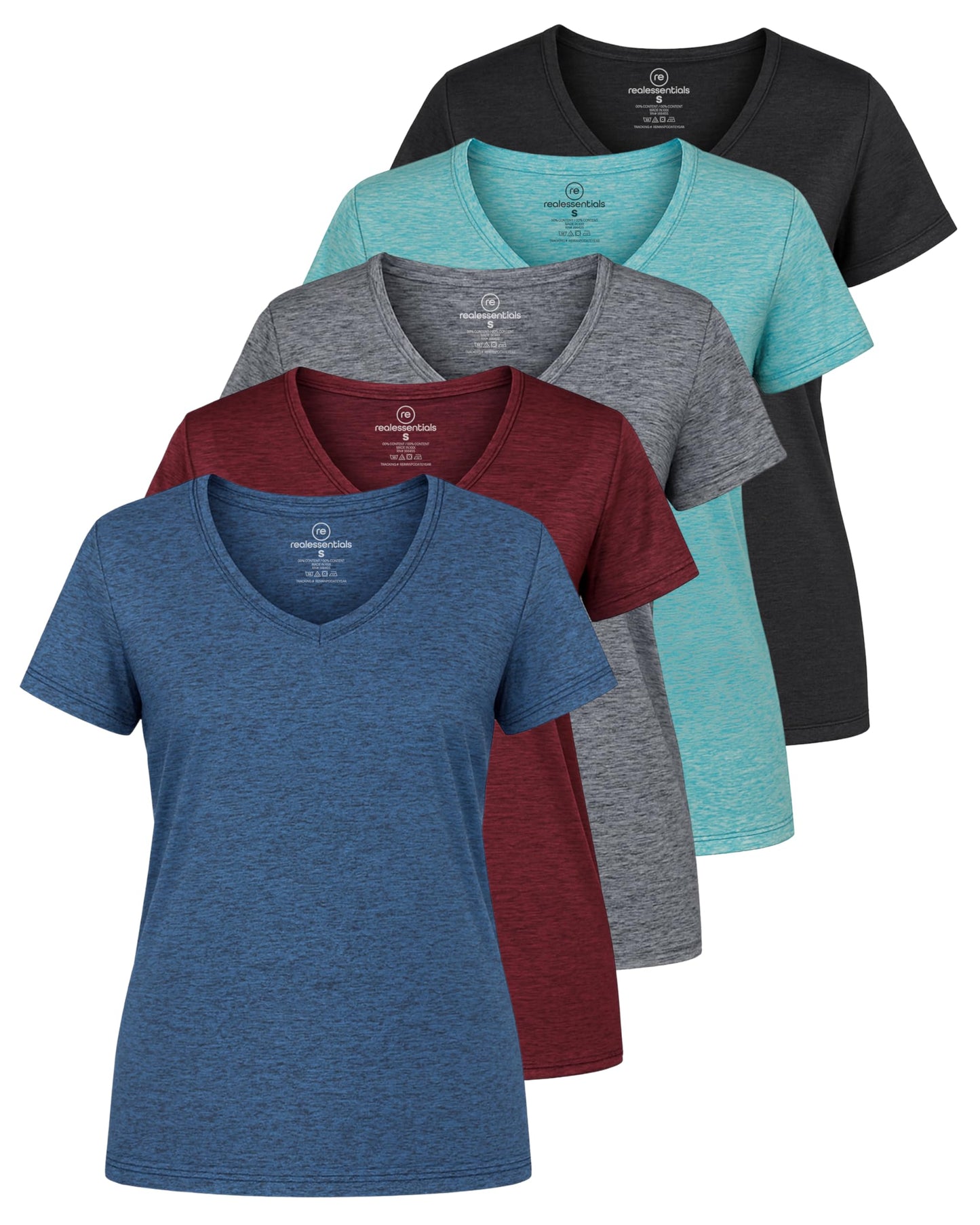 Real Essentials 5 Pack: Women's Dry-Fit Short Sleeve V Neck T Shirt Workout Fitness Yoga Top Tee, Set 8, M