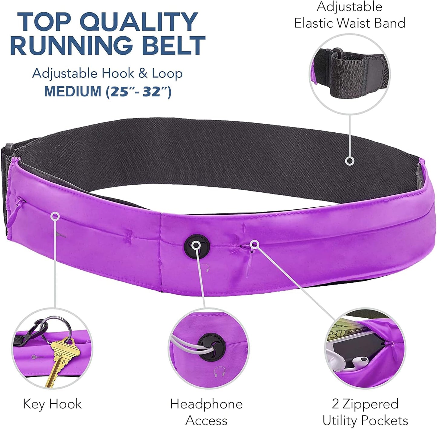 Athlé Running Belt for Exercise and Travel - Two Stretch Pockets Fit Most Phones, Wallet, Cards and More - Key Clip, Earphone Jack, Adjustable Waist Strap