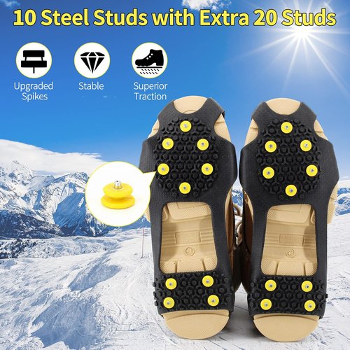 Ice Cleats Snow Grips, Non-Slip Traction Crampons 10 Steel Studs with Extra 20 Replacement Studs, for Shoes/Boots, Snow Ice Walking