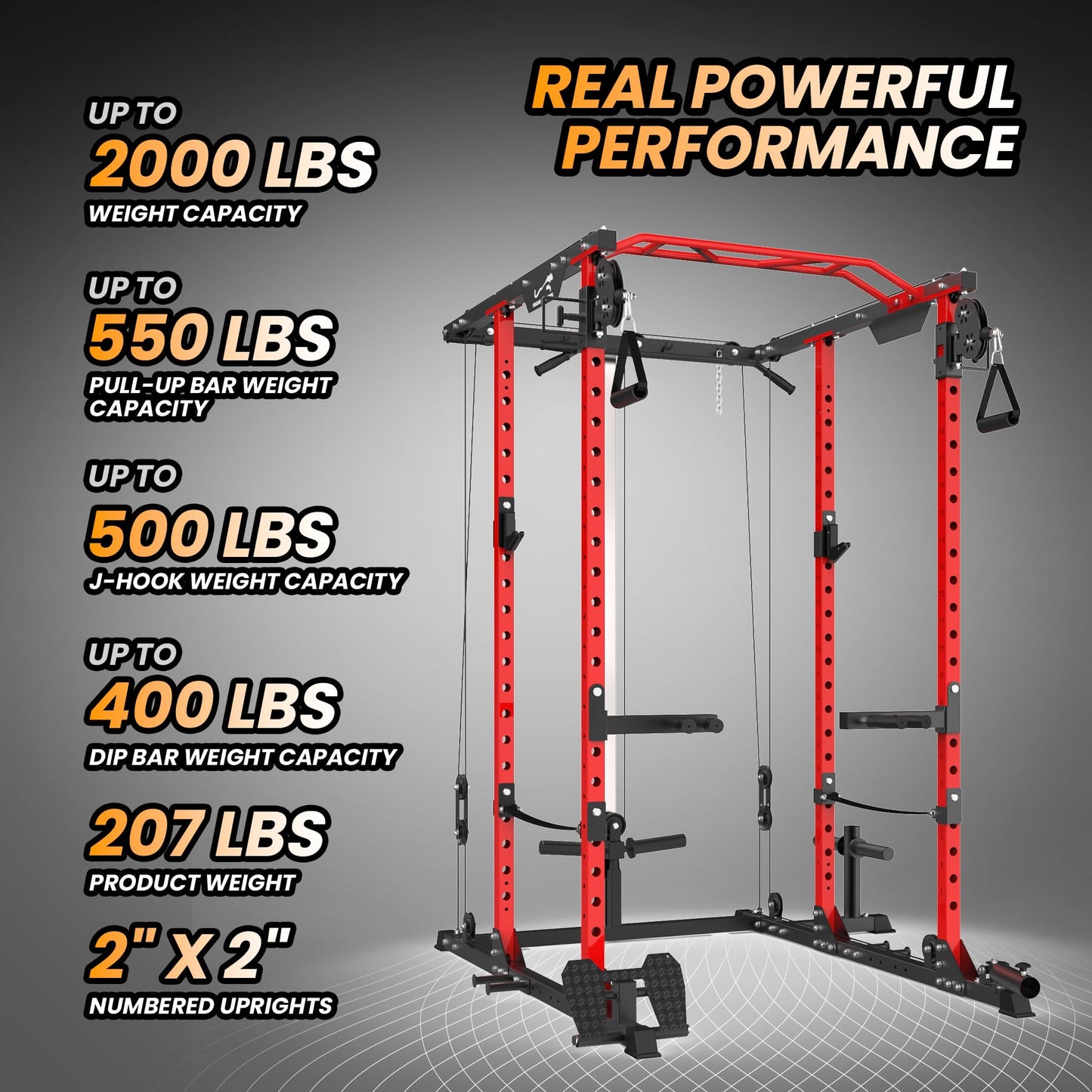 GaveeLife Power Cage, 2000 LBS Power Rack with Cable Cross-Over System, Multi-Functional Strength Training Squat Rack with LAT Pull Down System, Home Gym Equipment with Training Attachment, Red