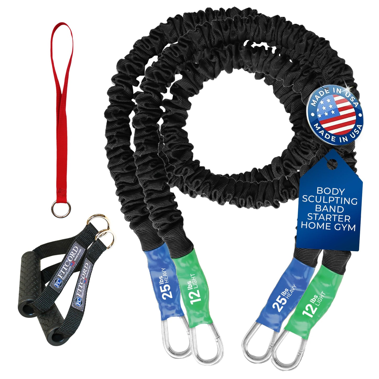 American Made Resistance Band Home Gym Starter Set - 2 Compact Stackable Resistnace Bands for Men and Women, Travel Friendly-by FitCord - (12 lbs/ 25 lbs)