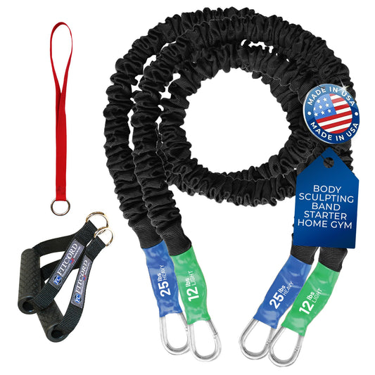 American Made Resistance Band Home Gym Starter Set - 2 Compact Stackable Resistnace Bands for Men and Women, Travel Friendly-by FitCord - (12 lbs/ 25 lbs)