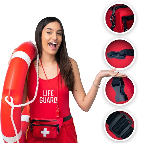EMS XTRM Lifeguard Fanny Pack Red with Whistle Lanyard - Baywatch Style First Aid Hip Pack, Adjustable Strap, Cross Logo + Zipper Pouch, 10 Pack