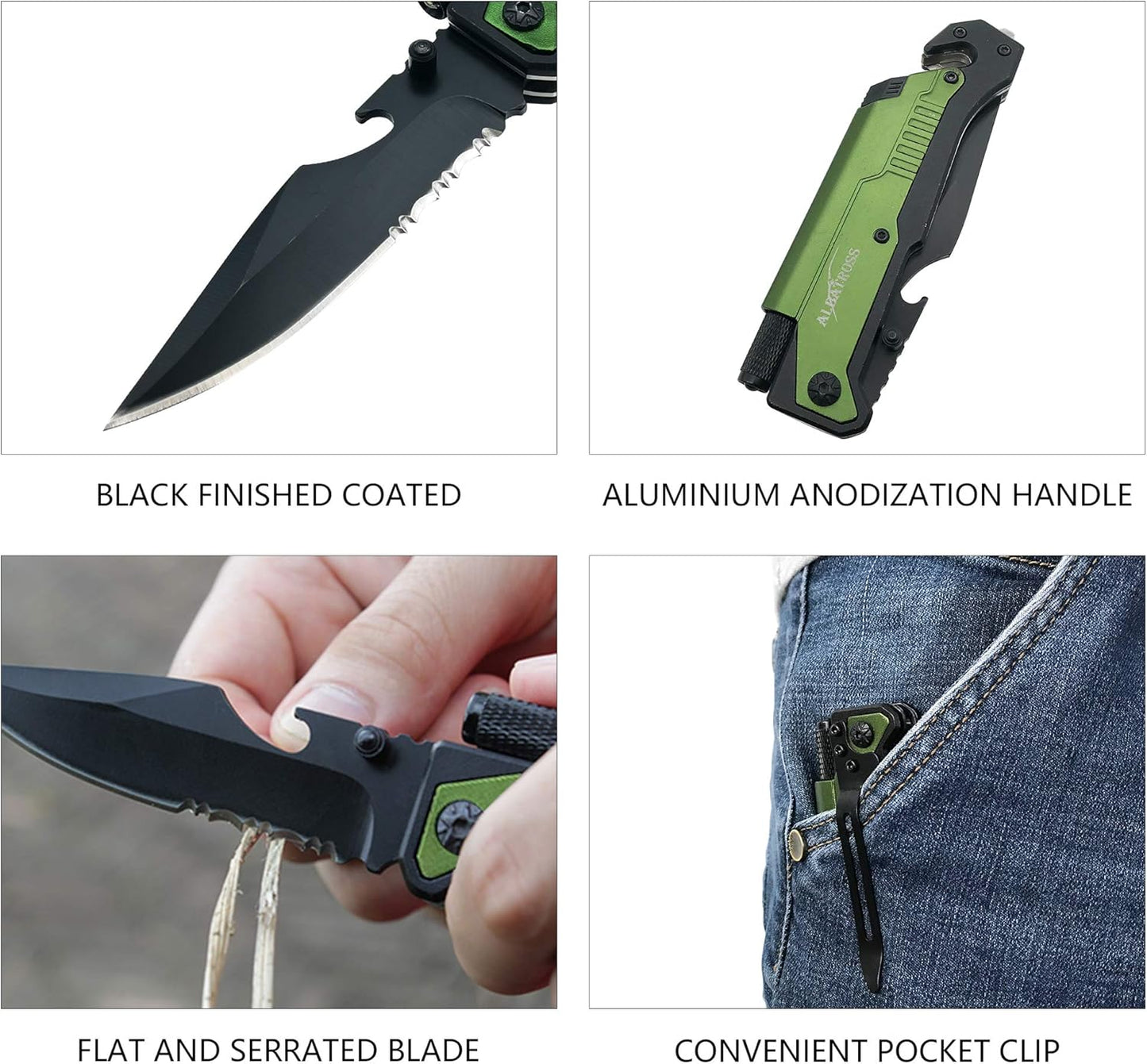 ALBATROSS 6-in-1 Survival Tactical Military Folding Pocket Knives with LED Light,Seatbelt Cutter,Glass Breaker,Magnesium Fire Starter,Bottle Opener;Multi-Function Emergency Tool(Black)