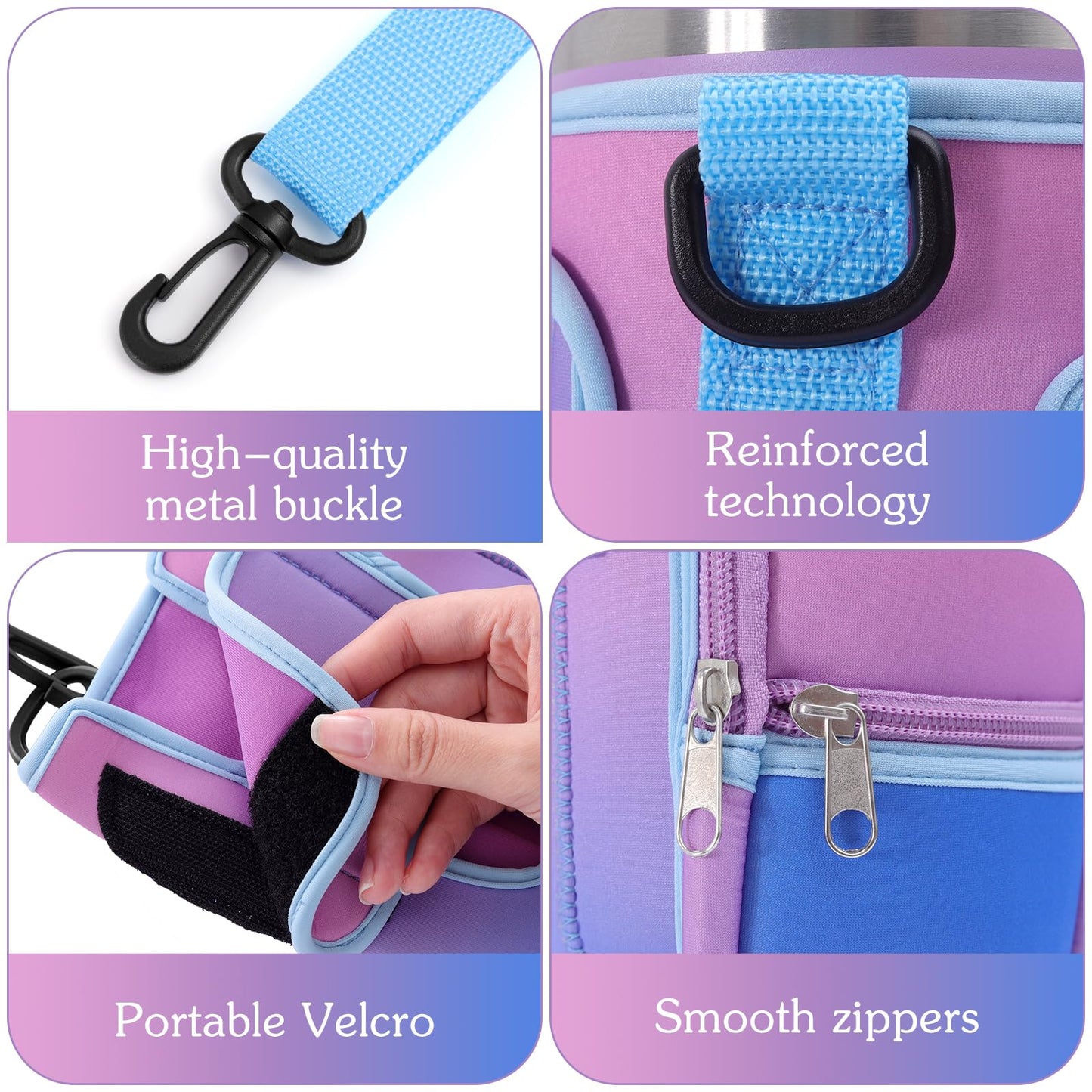 Jecten Water Bottle Carrier Bag Fit for 40oz Stanl-ey Tumbler with Handle, Water Bottle Holder Bag with Adjustable Shoulder Strap for Hiking Travelling Camping (Gradual Purple)