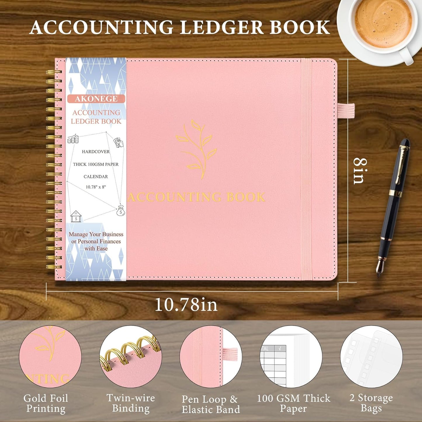 Accounting Ledger Book for Personal & Small Business Bookkeeping, Horizontal Income and Expense Tracker Notebook with Calendar, Hardcover Columnar Log Journal 10.78" x 8", Black
