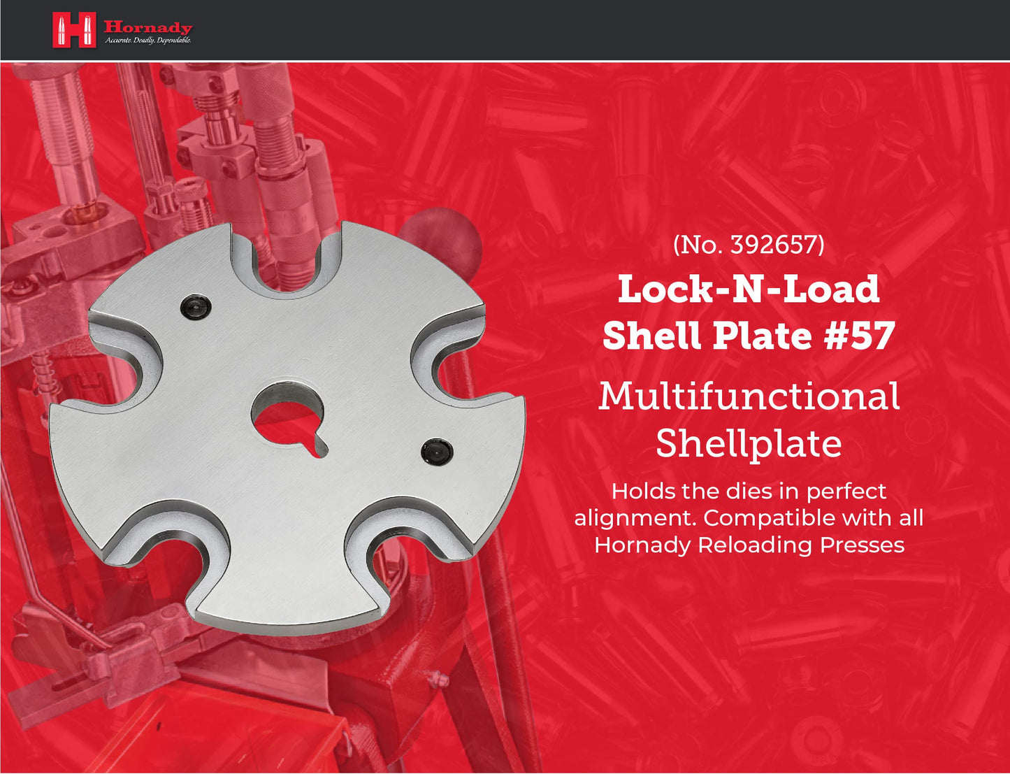 Hornady Lock N Load Shell Plate, #57, 392657 - for Reliable Caliber Changes on Your Lock-N-Load Press - Each Plate Works with Multiple Calibers - Easy Case Insertion