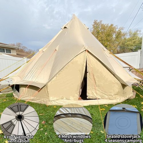 DANCHEL OUTDOOR B2 Portable Yurt Bell Tent with Stove Jack, Lightweight 4 Season All-Weather Waterproof Camping Tent for 4 Person Family Glamping, 4m/13ft 300D Oxford Khaki